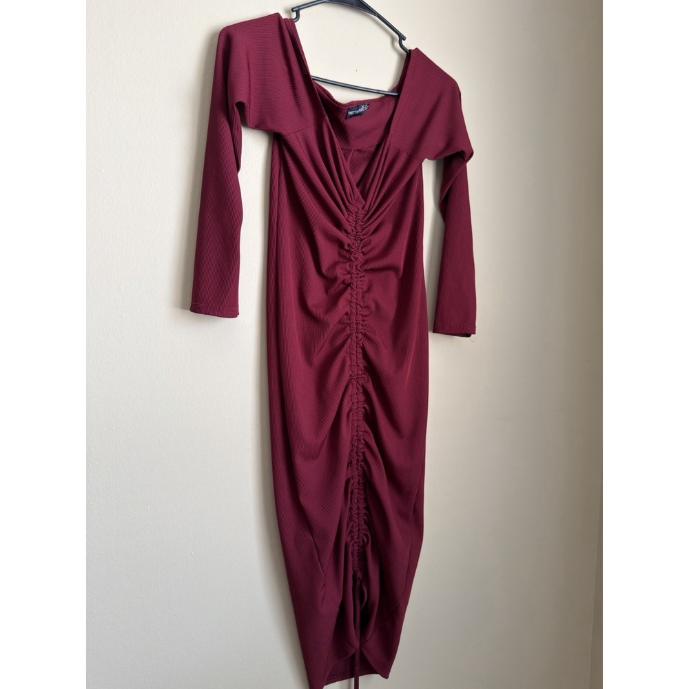PrettyLittleThing Burgundy Ribbed Off Shoulder Ruched Drawstring Midi Dress S 10 - Picture 6 of 10
